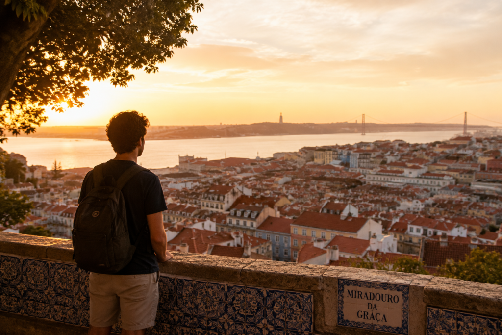 best destinations to travel alone in Europe — solo traveler with backpack at Lisbon viewpoint at golden hour