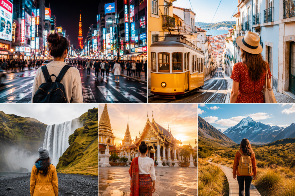 collage of best international solo female travel destinations including Japan, Portugal, and Iceland