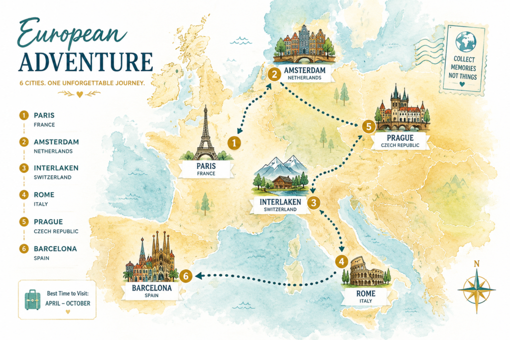 europe travel itinerary 3 weeks route map Paris Amsterdam Switzerland Italy Prague Barcelona