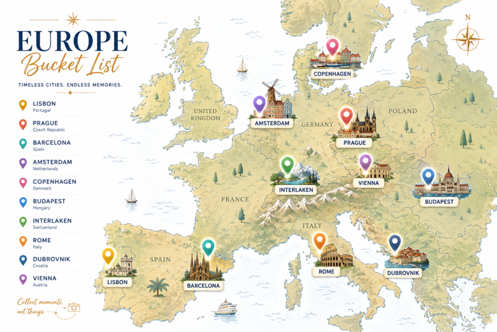 illustrated map of Europe highlighting the best destinations to travel alone including Lisbon, Prague, Barcelona, Copenhagen, Budapest, and Rome
