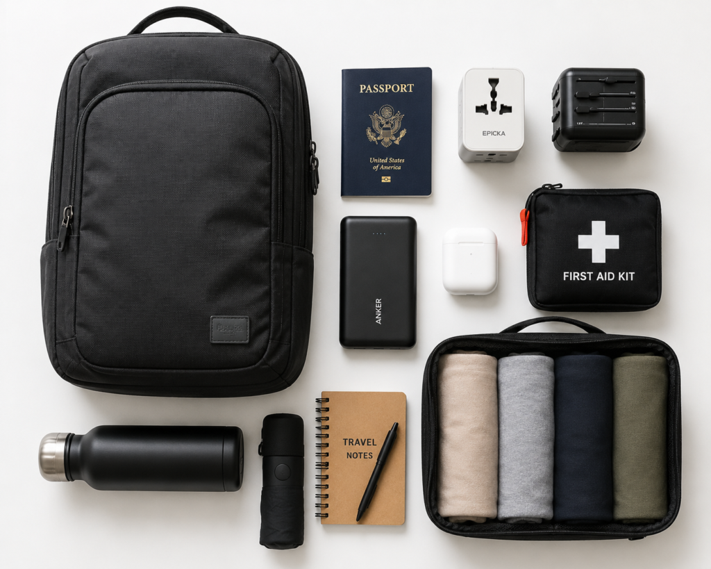 minimalist solo travel packing flat lay for Europe — passport, carry-on bag, travel adapter, portable charger, packing cubes