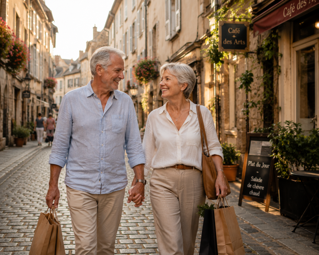 retired couple exploring European city streets on long-term retirement travel trip