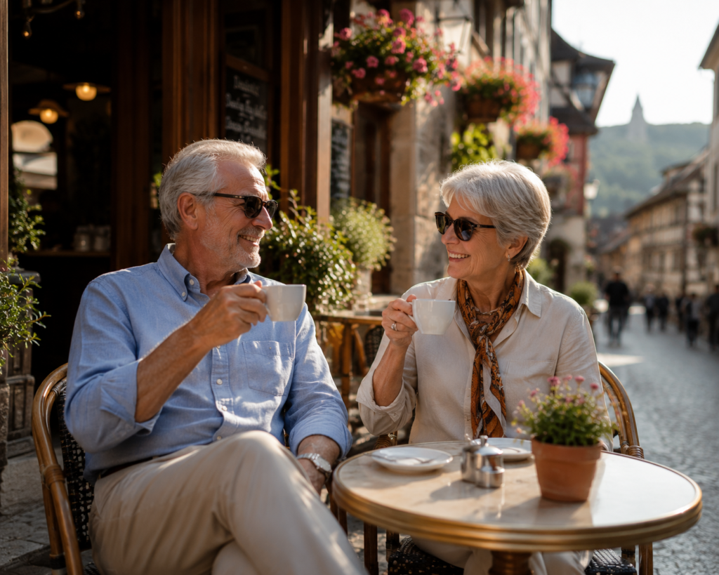 retired couple sitting at outdoor cafe enjoying slow retirement travel lifestyle