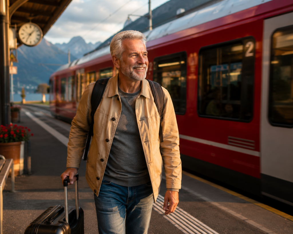 retired traveller confidently boarding a train with luggage for first retirement adventure
