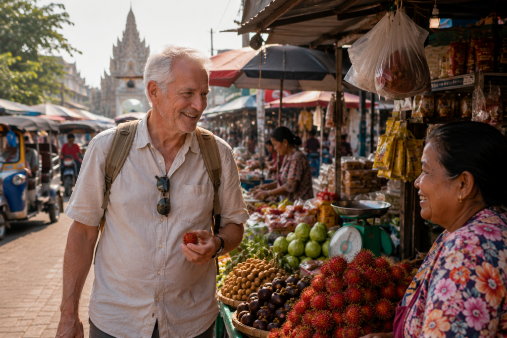 retired traveller exploring colourful local market in affordable international retirement destination