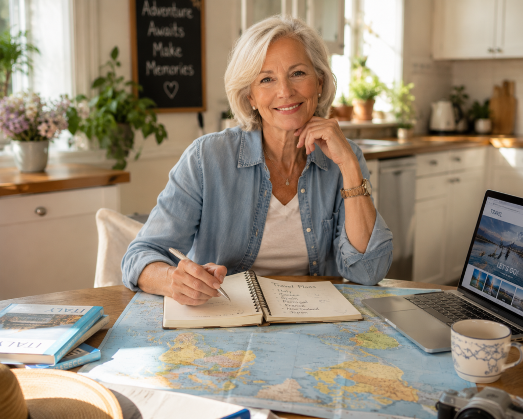 retired traveller reviewing travel budget and map at kitchen table