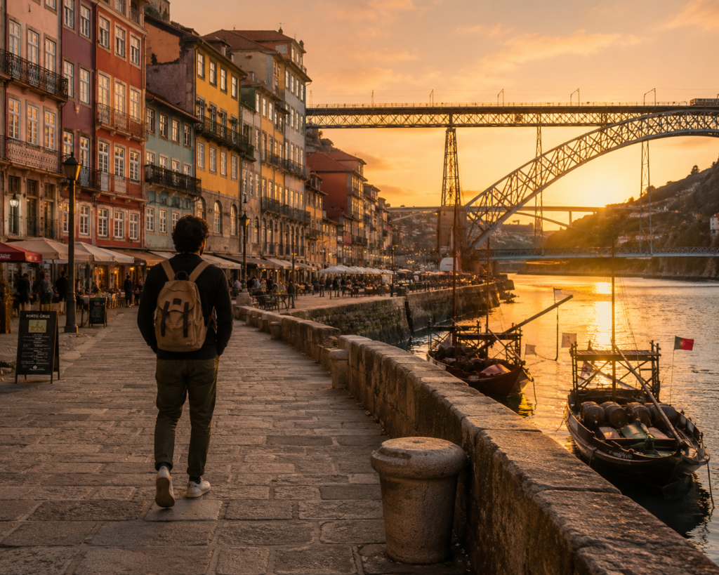 slow travel destination - Porto Portugal old town riverside at golden hour