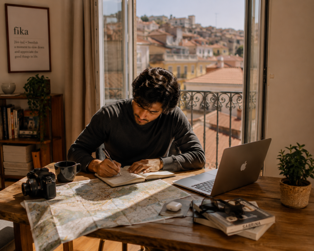 slow travel guide - person planning flexible itinerary with maps and notebook in apartment