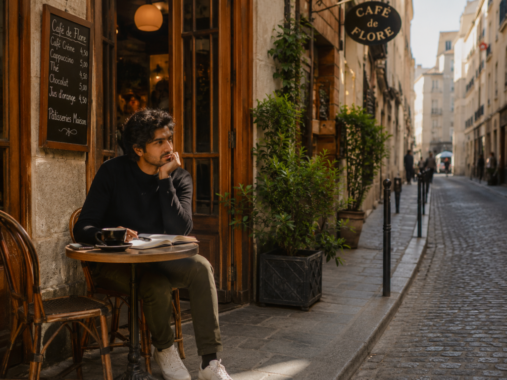 slow travel meaning - traveler enjoying coffee and reading in a local European café