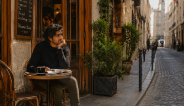 slow travel meaning - traveler enjoying coffee and reading in a local European café