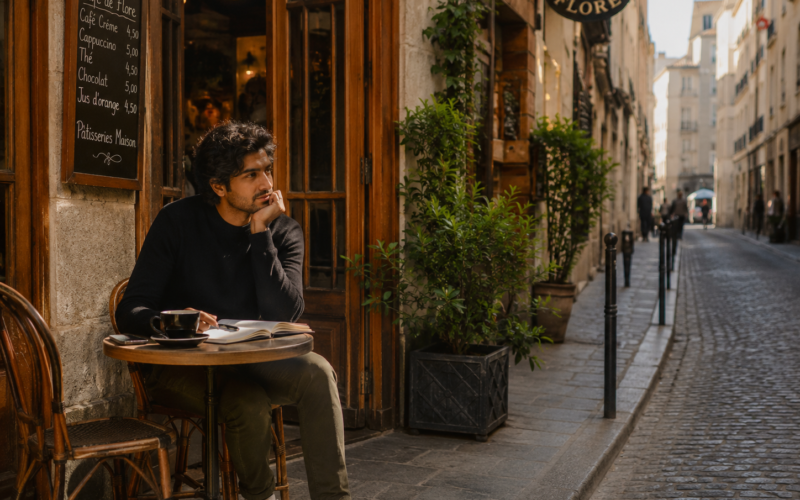 slow travel meaning - traveler enjoying coffee and reading in a local European café
