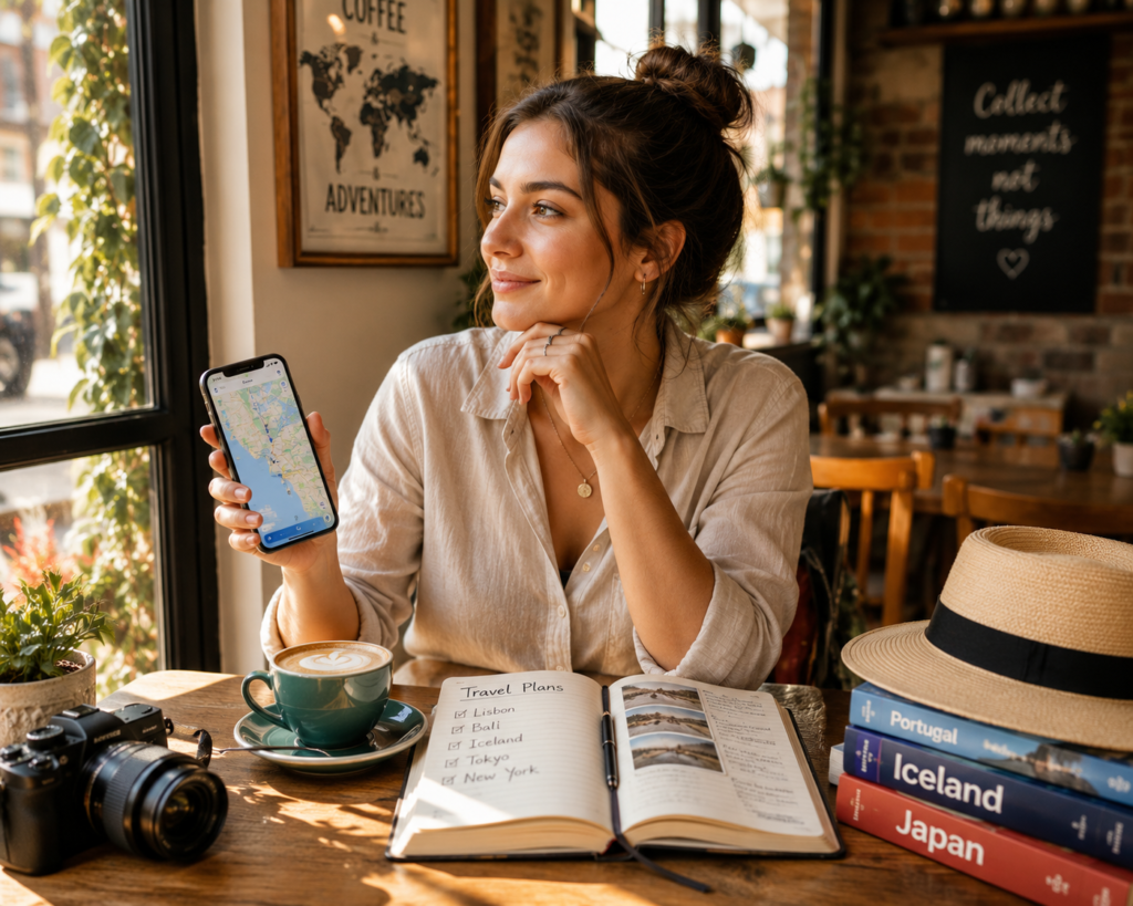 solo female traveler reviewing safety apps and maps on smartphone — solo female travel safety tips