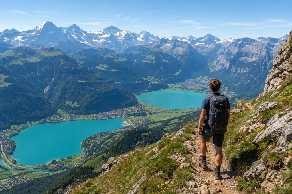 solo hiker above Interlaken Switzerland with Swiss Alps and turquoise alpine lake in background