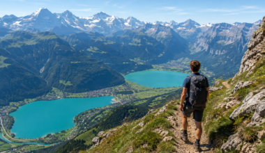 solo hiker above Interlaken Switzerland with Swiss Alps and turquoise alpine lake in background