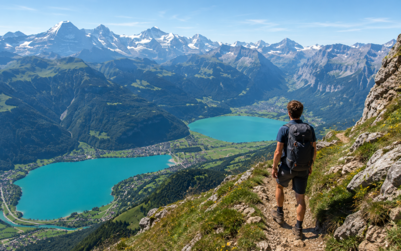 solo hiker above Interlaken Switzerland with Swiss Alps and turquoise alpine lake in background