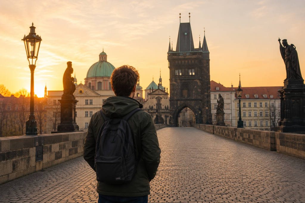 solo traveler on Charles Bridge Prague at sunrise, best budget solo trip Europe