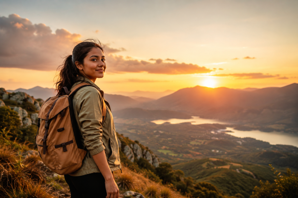 woman traveling solo at sunset on a scenic overlook — best place to travel solo female