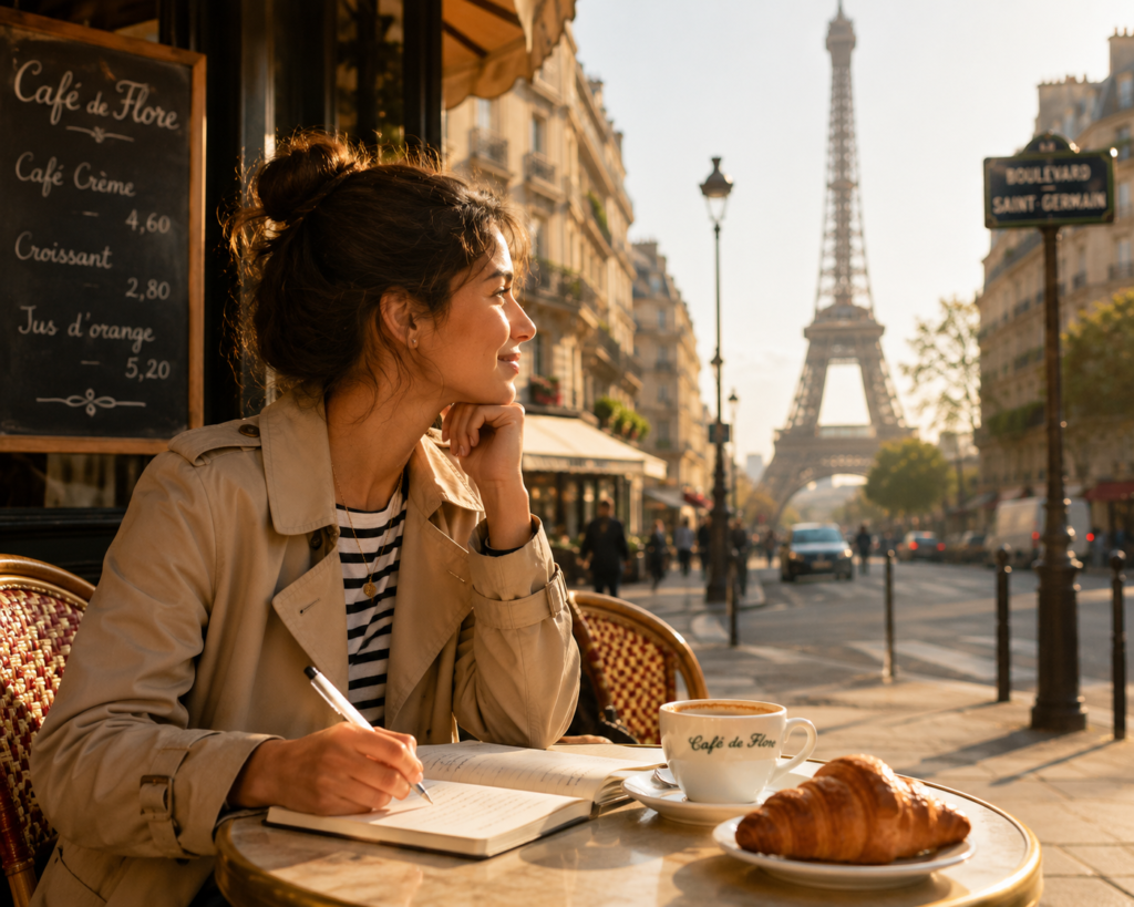 Solo Traveler Enjoying Paris Café